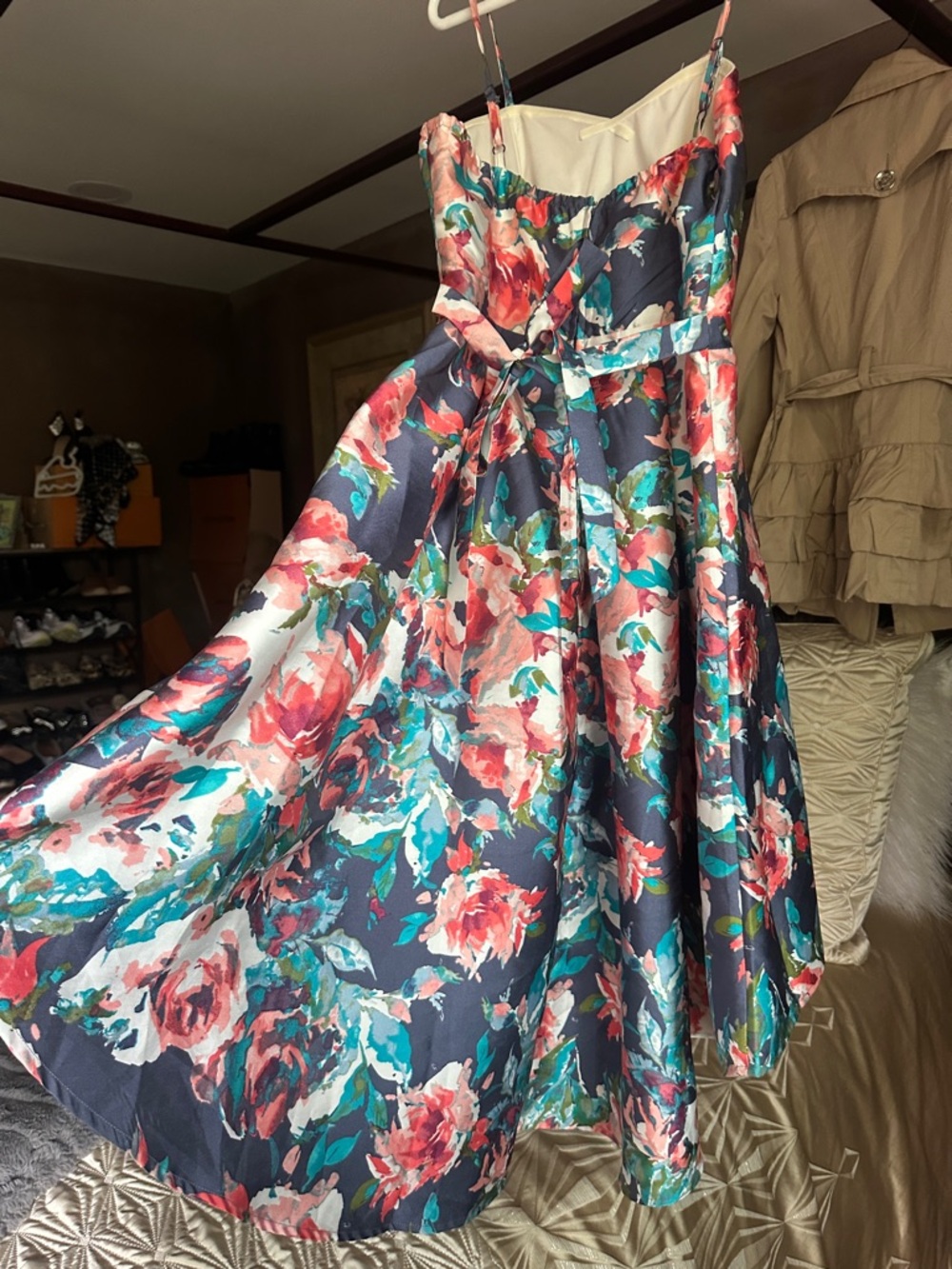 VENUS Navy Floral High-Low Spaghetti Strap Dress with Coral and Teal Accents - Picture 3 of 8